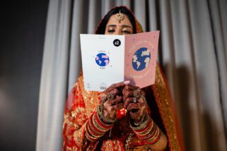 bride reading wedding card