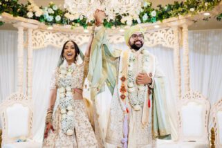 Bride and groom laughing