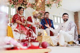 Gujarati wedding ceremony under a wedding mandap designed by Shagun weddings